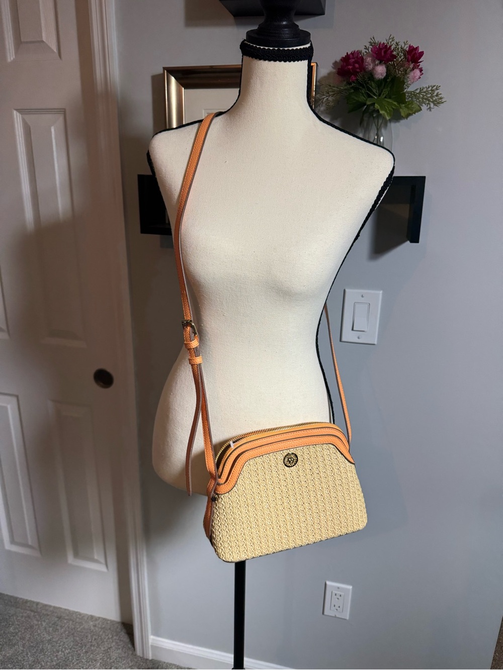 Anne Klein Beige Woven Crossbody with Orange Trim